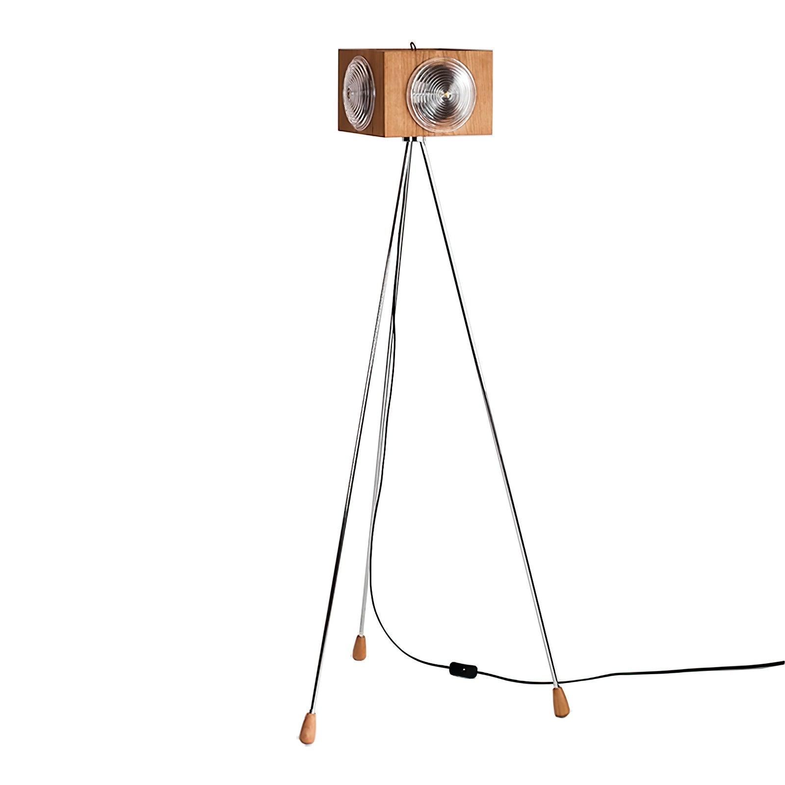 Vintage Camera Style Tripod Floor Lamp with Cherry Wood and Striped Glass Shades