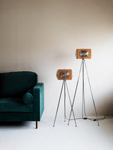 Vintage Camera Style Tripod Floor Lamp with Cherry Wood and Striped Glass Shades
