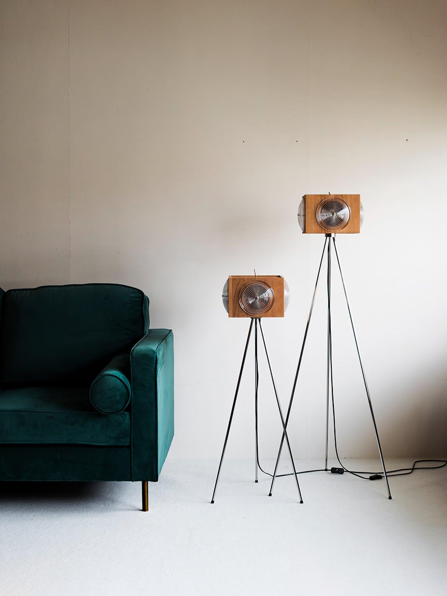 Vintage Camera Style Tripod Floor Lamp with Cherry Wood and Striped Glass Shades