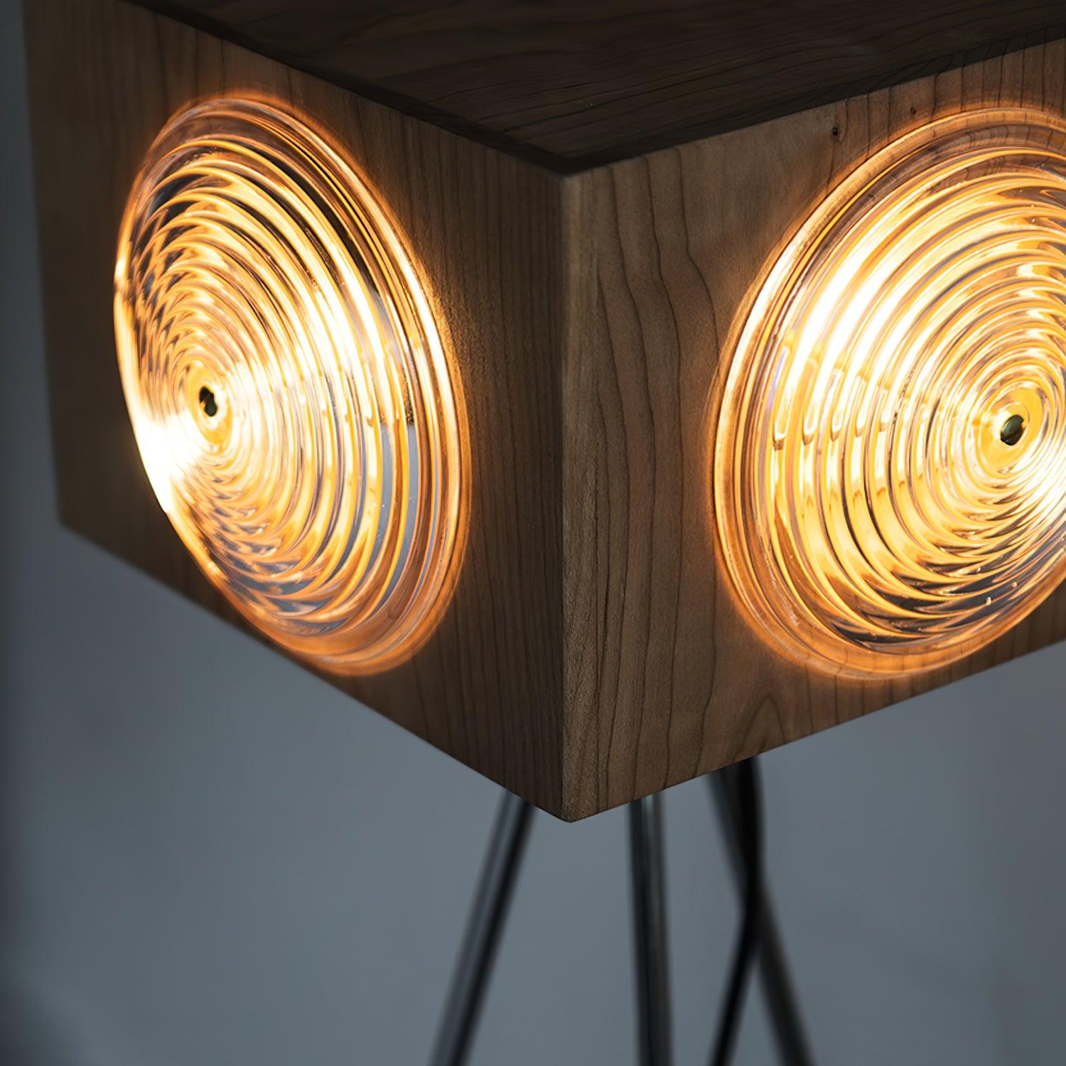 Vintage Camera Style Tripod Floor Lamp with Cherry Wood and Striped Glass Shades