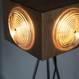 Vintage Camera Style Tripod Floor Lamp with Cherry Wood and Striped Glass Shades