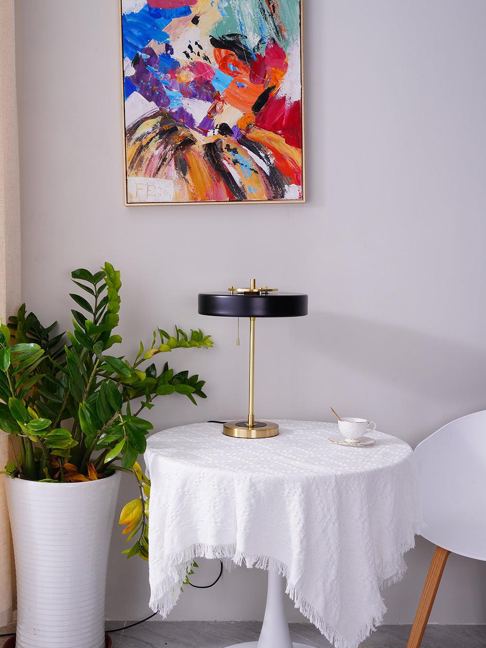 Mid Century Modern Spun Metal Table Lamp with Pull Chain and Opal Diffuser Accent
