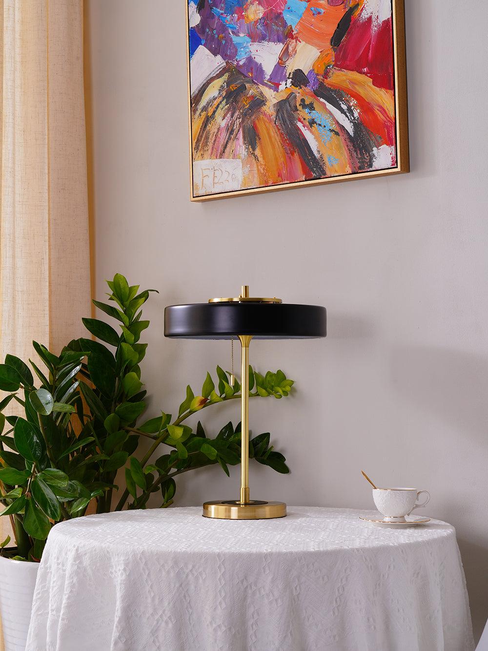 Mid Century Modern Spun Metal Table Lamp with Pull Chain and Opal Diffuser Accent