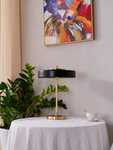 Mid Century Modern Spun Metal Table Lamp with Pull Chain and Opal Diffuser Accent
