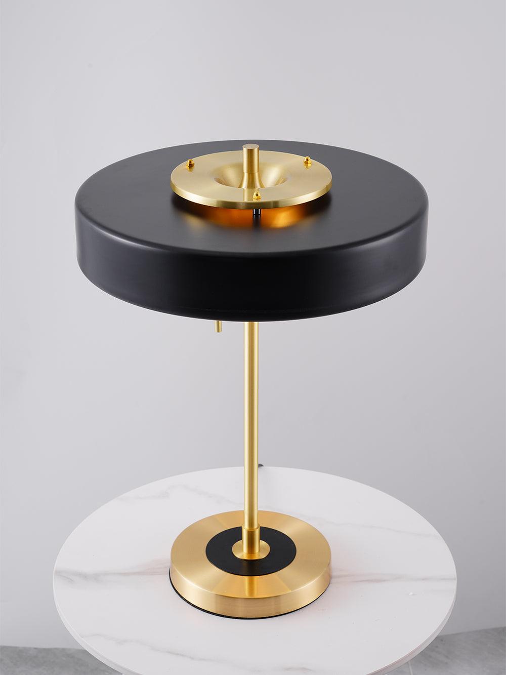 Mid Century Modern Spun Metal Table Lamp with Pull Chain and Opal Diffuser Accent