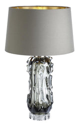 Modern Blown Glass Table Lamp with Green Finish and Grey Fabric Shade for Bedroom