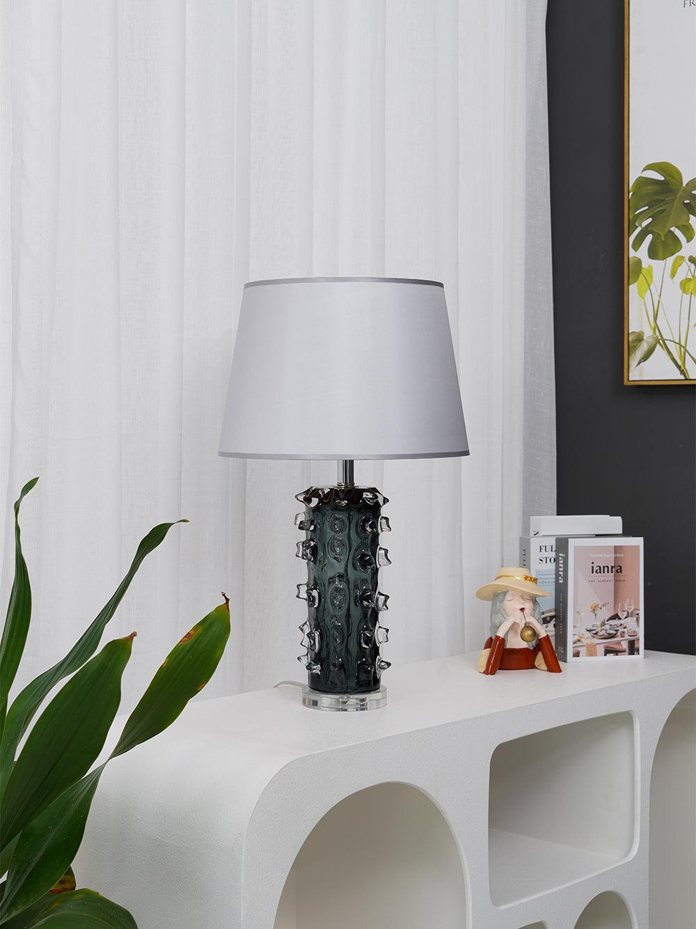 Modern Blown Glass Table Lamp with Green Finish and Grey Fabric Shade for Bedroom