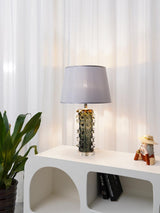 Modern Blown Glass Table Lamp with Green Finish and Grey Fabric Shade for Bedroom
