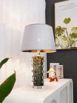 Modern Blown Glass Table Lamp with Green Finish and Grey Fabric Shade for Bedroom