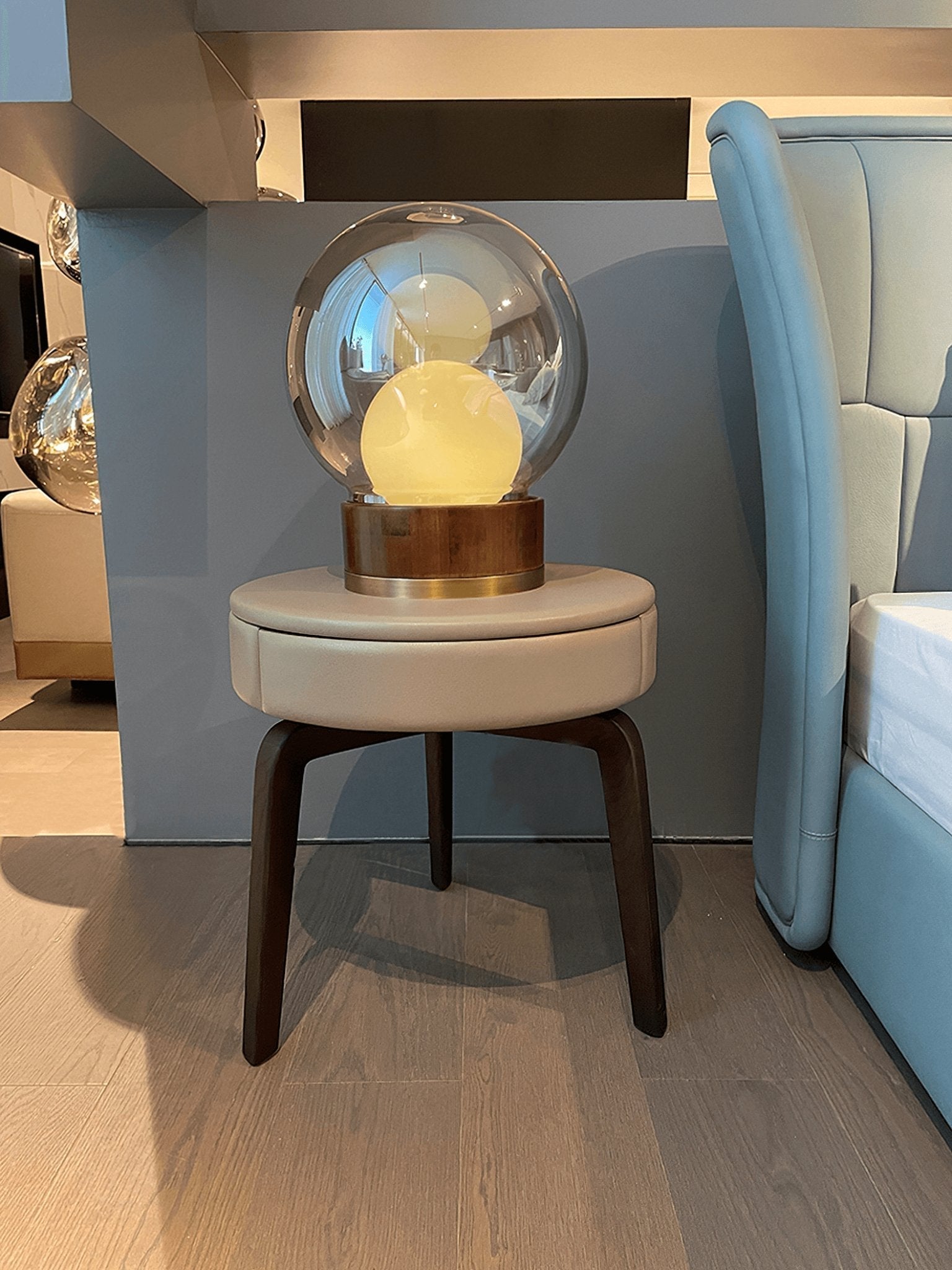 Rigel Contemporary Wood and Metal Table Lamp with Amber Glass Shade for Bedroom