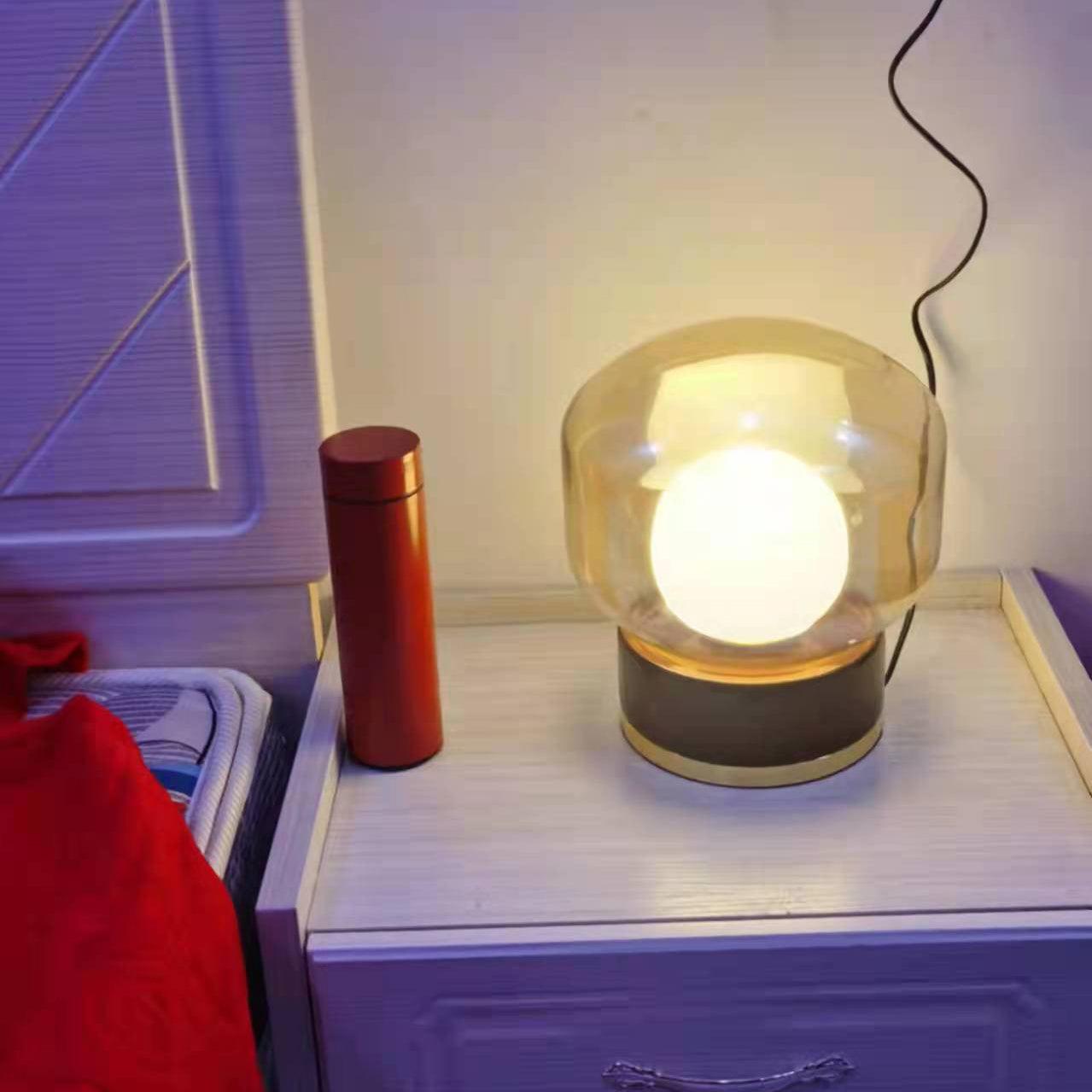 Rigel Contemporary Wood and Metal Table Lamp with Amber Glass Shade for Bedroom
