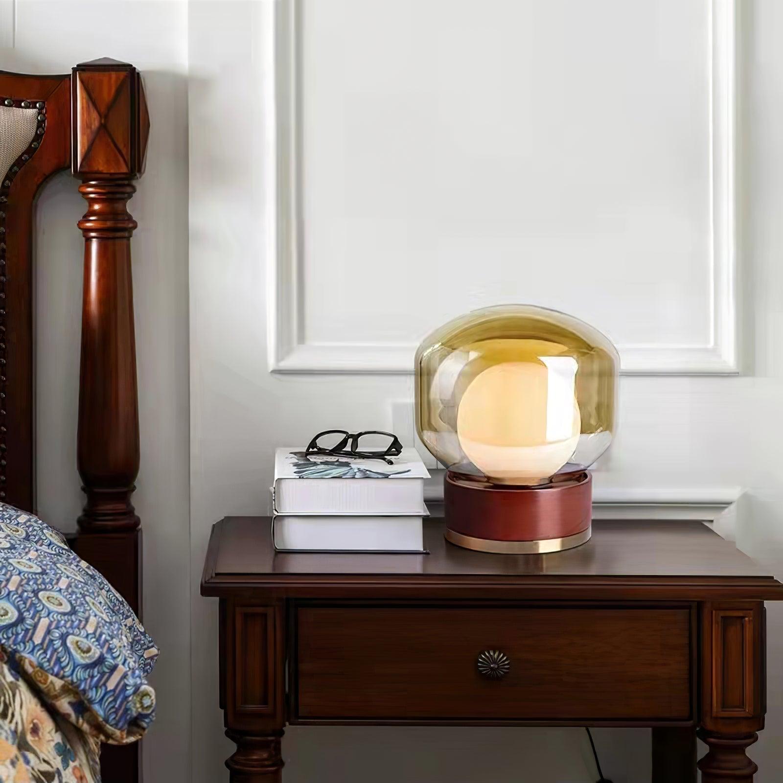 Rigel Contemporary Wood and Metal Table Lamp with Amber Glass Shade for Bedroom