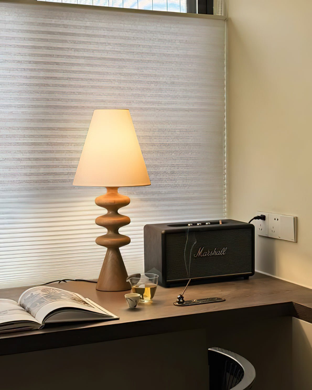 Ripple Wood Accent Table Lamp with Fabric Shade and Sculpted Base for Home Decor