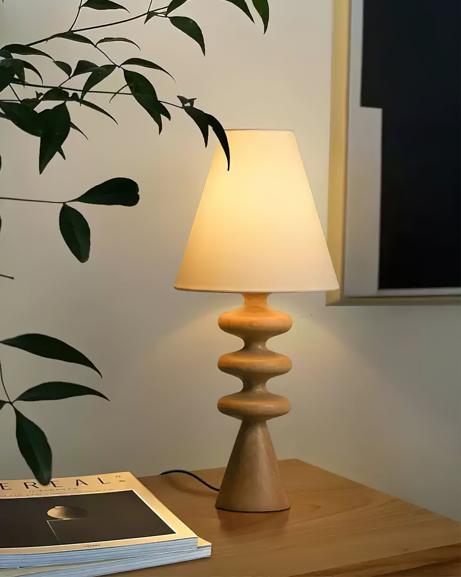 Ripple Wood Accent Table Lamp with Fabric Shade and Sculpted Base for Home Decor