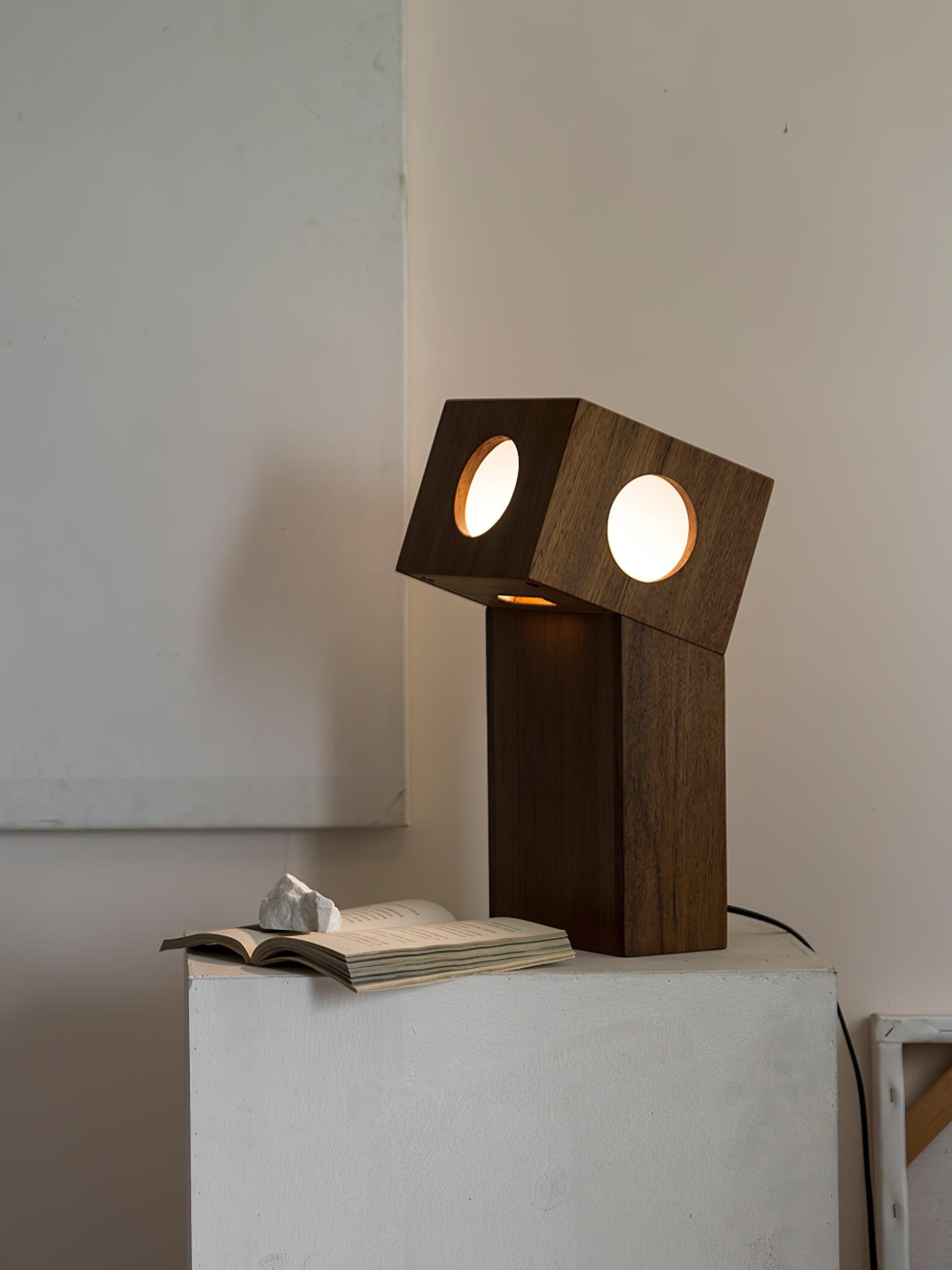 Portable Teak Totem Geometric Table Lamp with Warm LED Ambient Lighting for Modern Home Decor