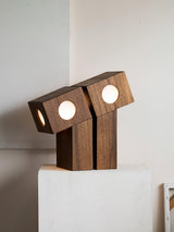 Portable Teak Totem Geometric Table Lamp with Warm LED Ambient Lighting for Modern Home Decor