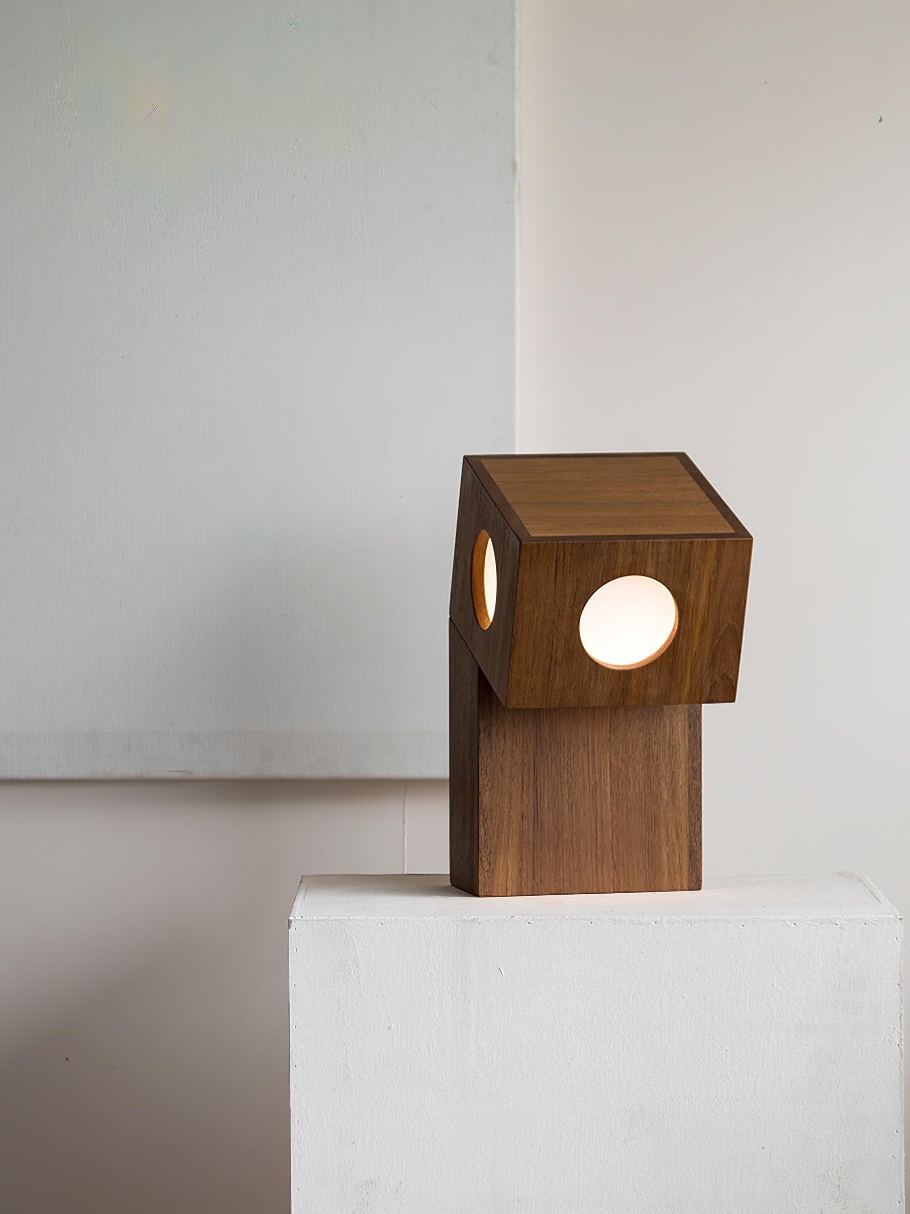 Portable Teak Totem Geometric Table Lamp with Warm LED Ambient Lighting for Modern Home Decor