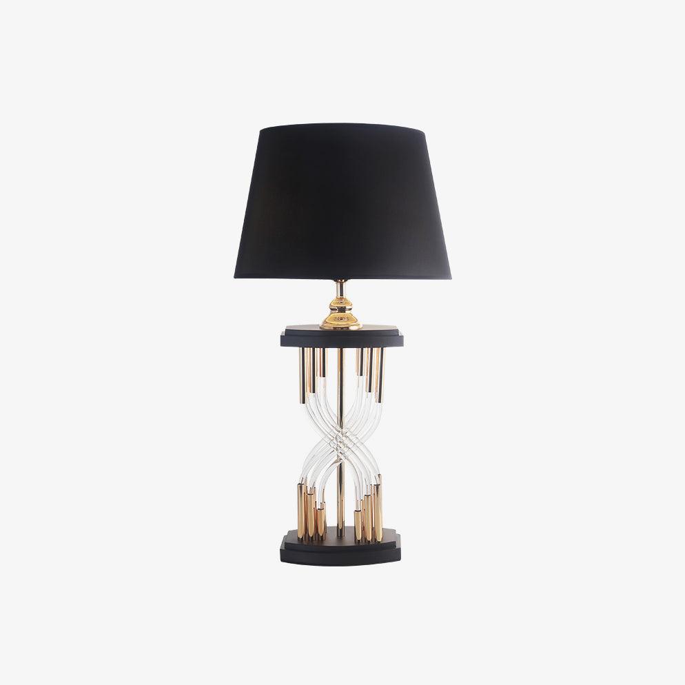Modern Hourglass Glass Tube Table Lamp with Black Fabric Shade and Gold Metal Base