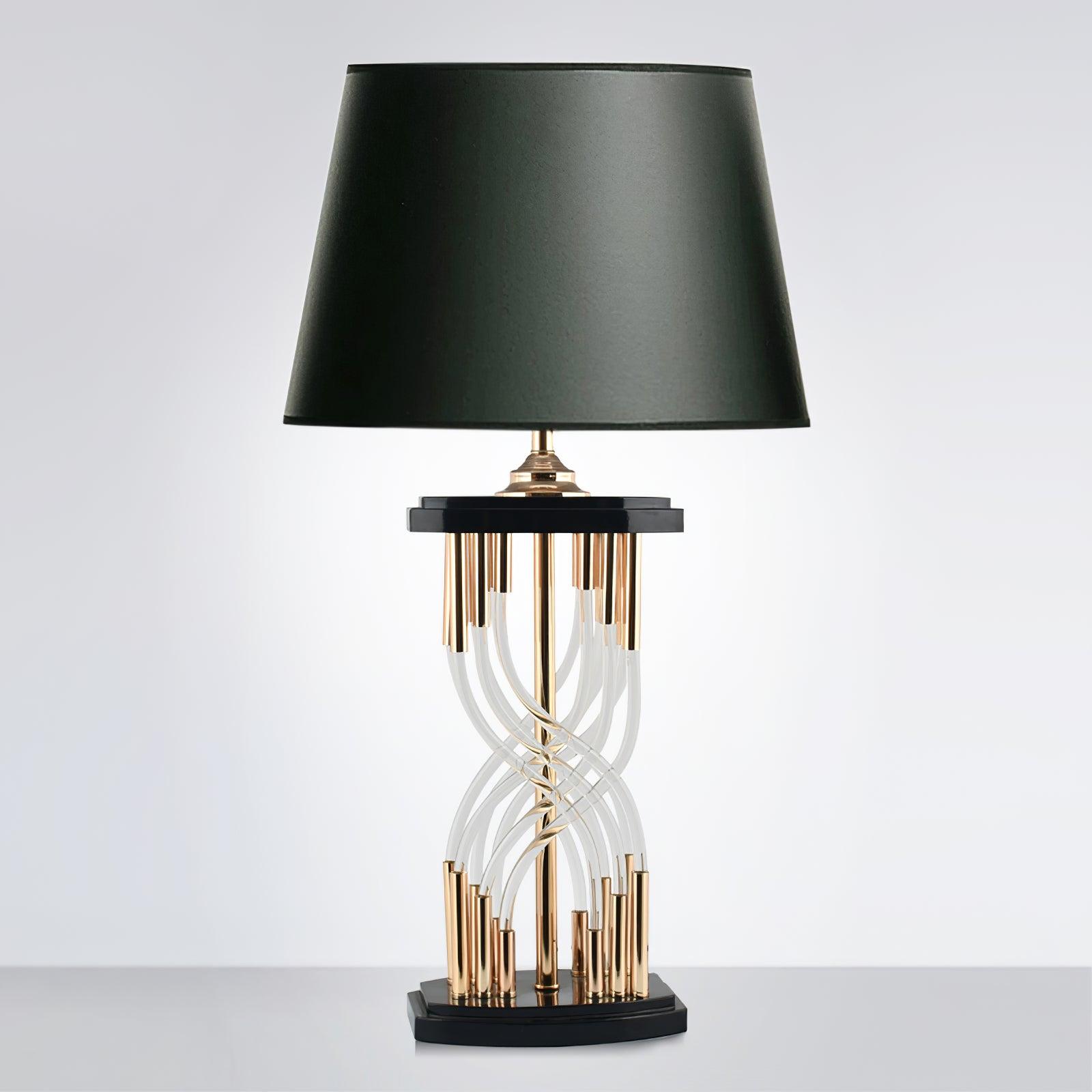 Modern Hourglass Glass Tube Table Lamp with Black Fabric Shade and Gold Metal Base