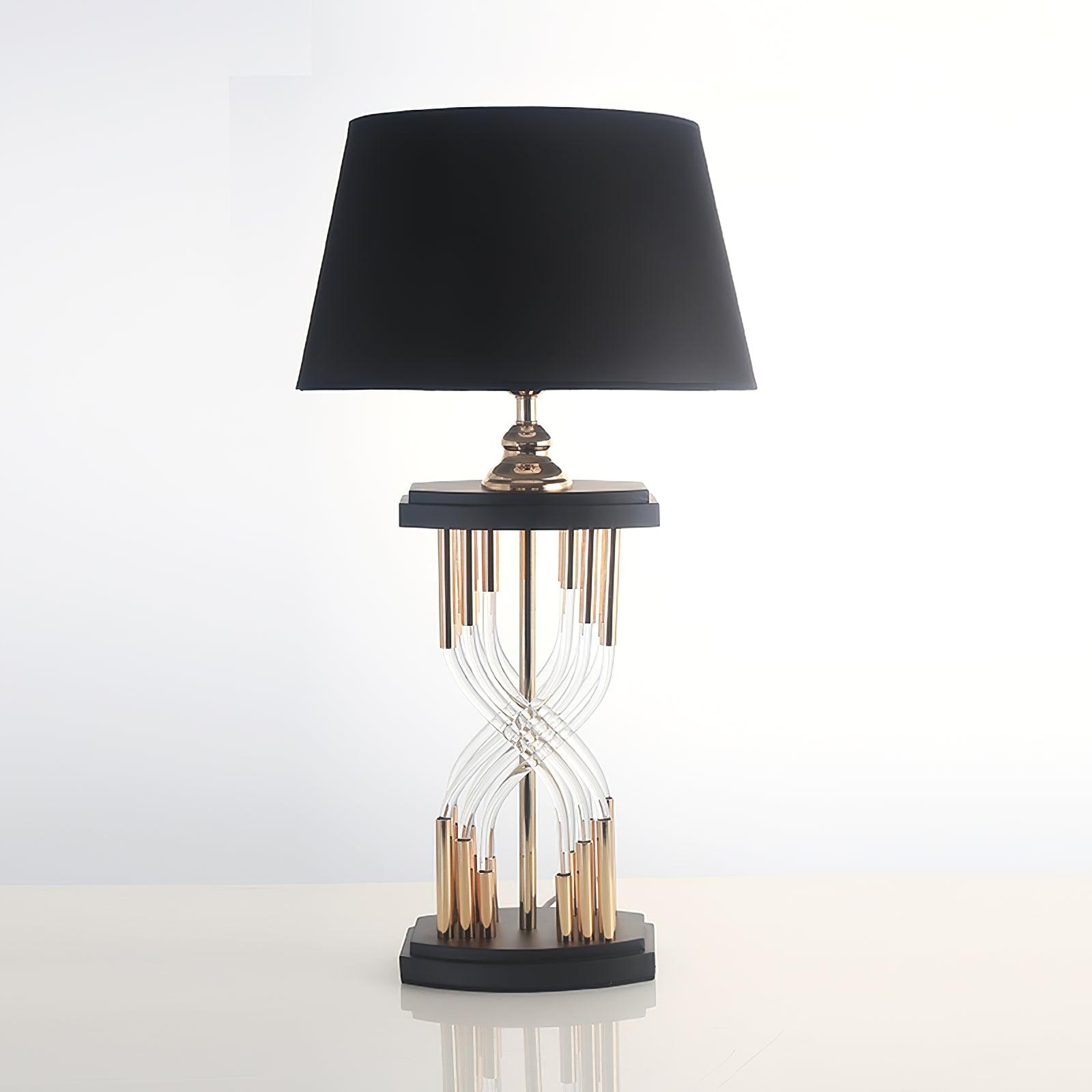 Modern Hourglass Glass Tube Table Lamp with Black Fabric Shade and Gold Metal Base