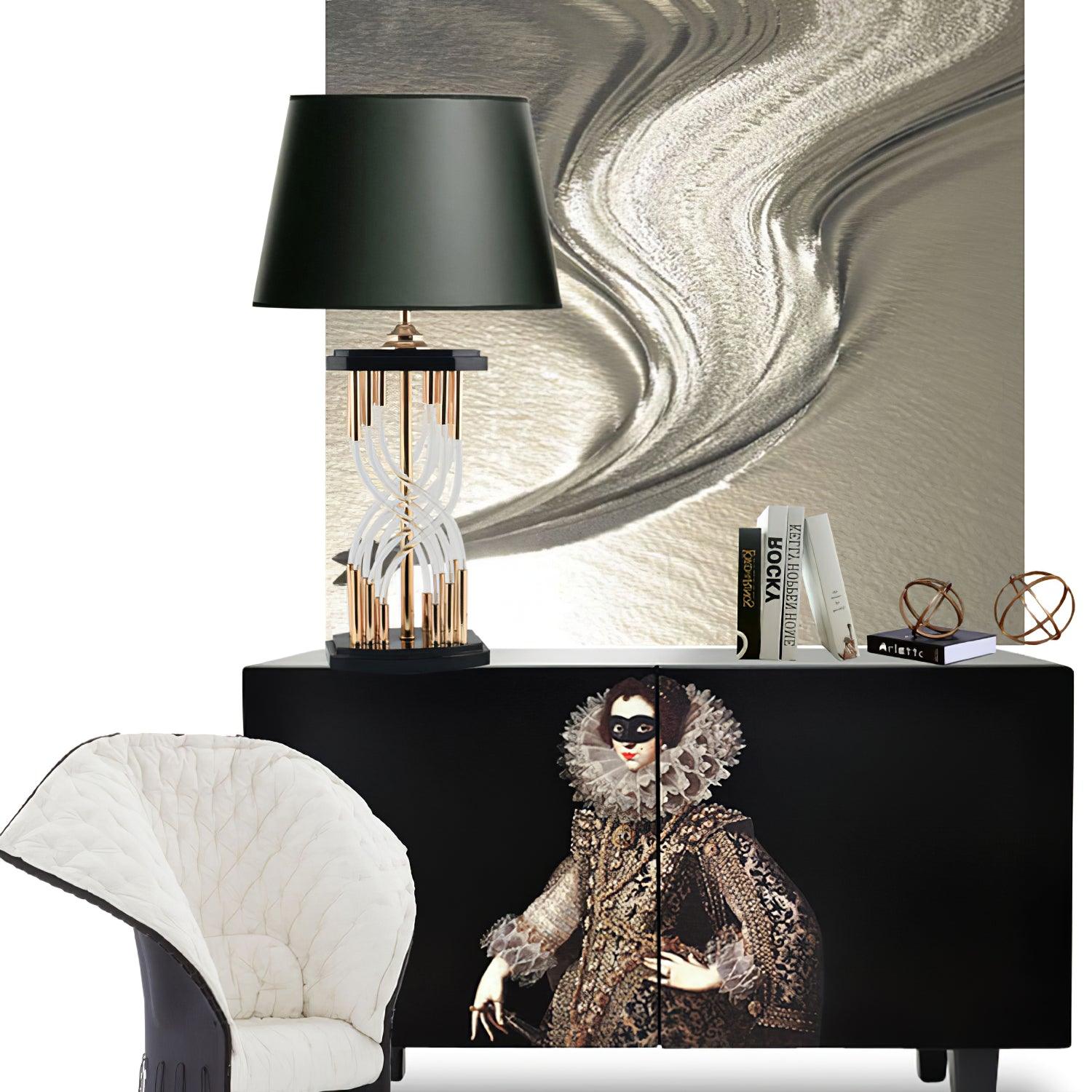Modern Hourglass Glass Tube Table Lamp with Black Fabric Shade and Gold Metal Base