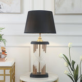 Modern Hourglass Glass Tube Table Lamp with Black Fabric Shade and Gold Metal Base