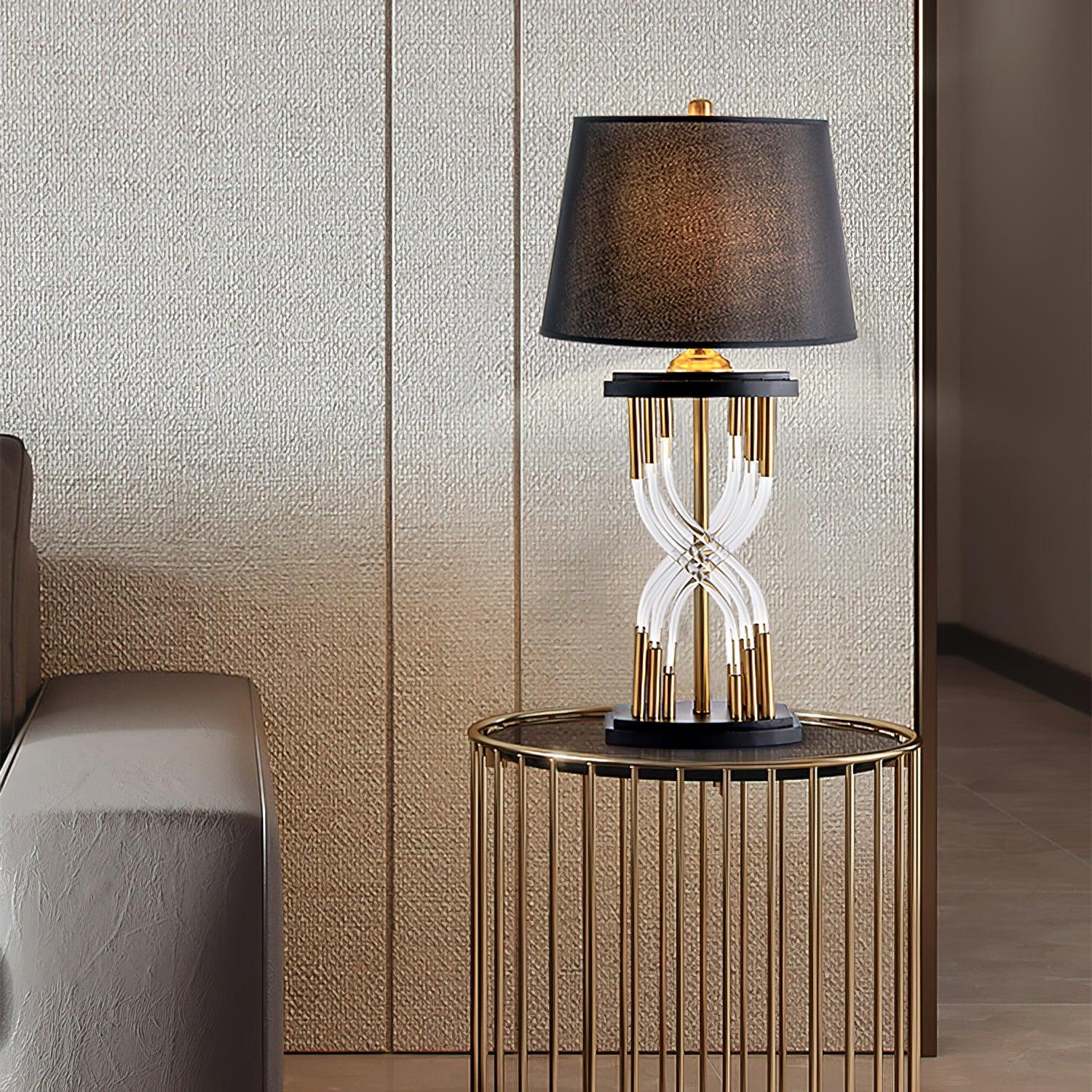 Modern Hourglass Glass Tube Table Lamp with Black Fabric Shade and Gold Metal Base