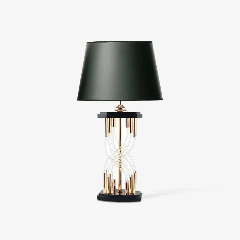 Modern Hourglass Glass Tube Table Lamp with Black Fabric Shade and Gold Metal Base