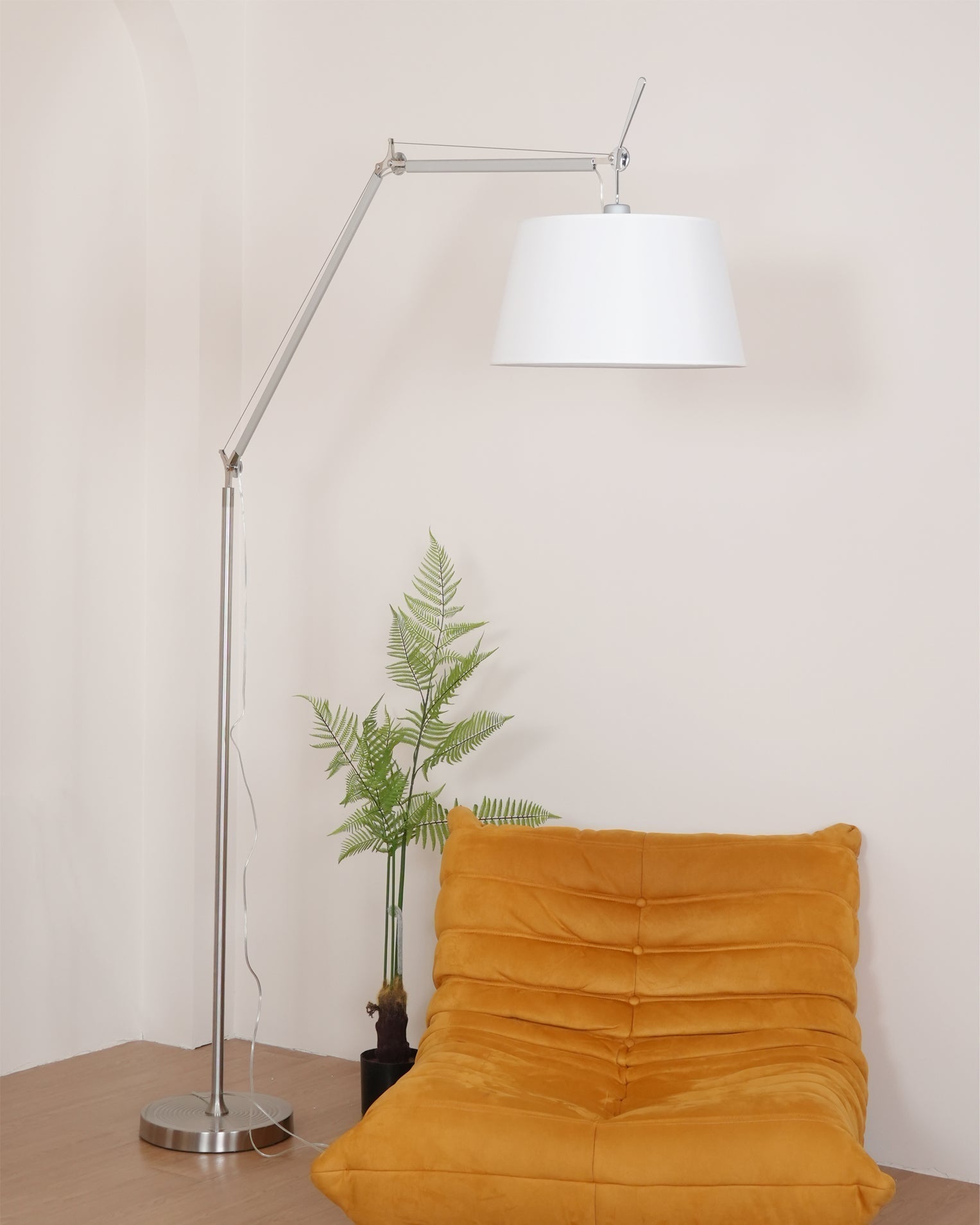 Rocker Adjustable Modern Floor Lamp with Chrome Body and White Fabric Drum Shade