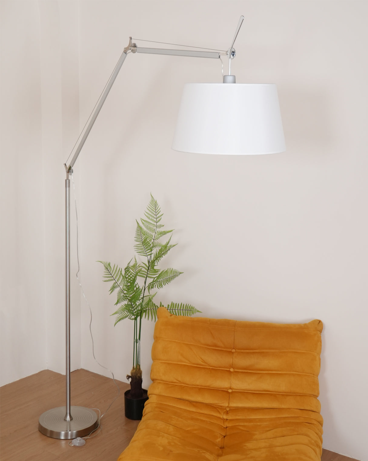 Rocker Adjustable Modern Floor Lamp with Chrome Body and White Fabric Drum Shade