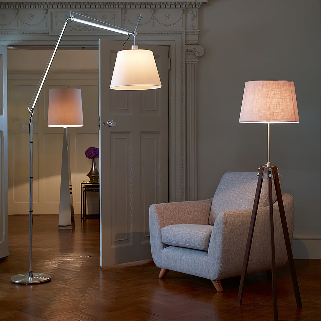 Rocker Adjustable Modern Floor Lamp with Chrome Body and White Fabric Drum Shade