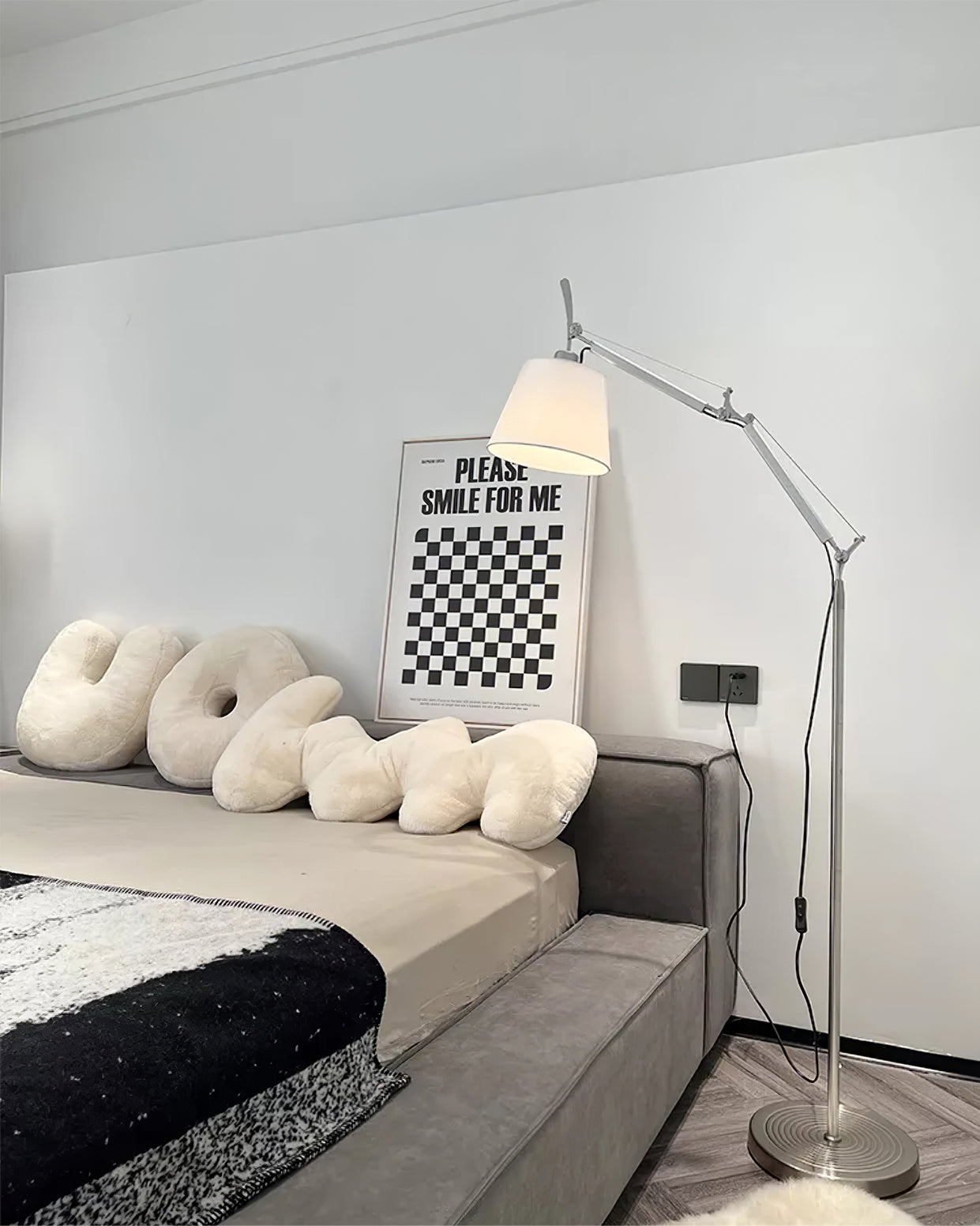 Rocker Adjustable Modern Floor Lamp with Chrome Body and White Fabric Drum Shade