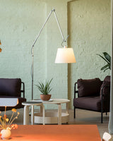 Rocker Adjustable Modern Floor Lamp with Chrome Body and White Fabric Drum Shade