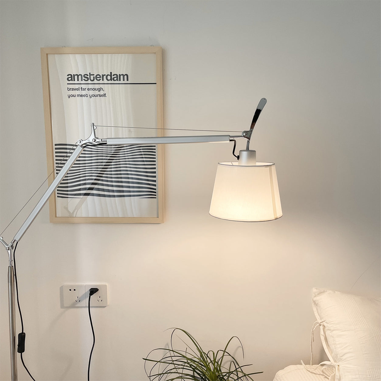 Rocker Adjustable Modern Floor Lamp with Chrome Body and White Fabric Drum Shade