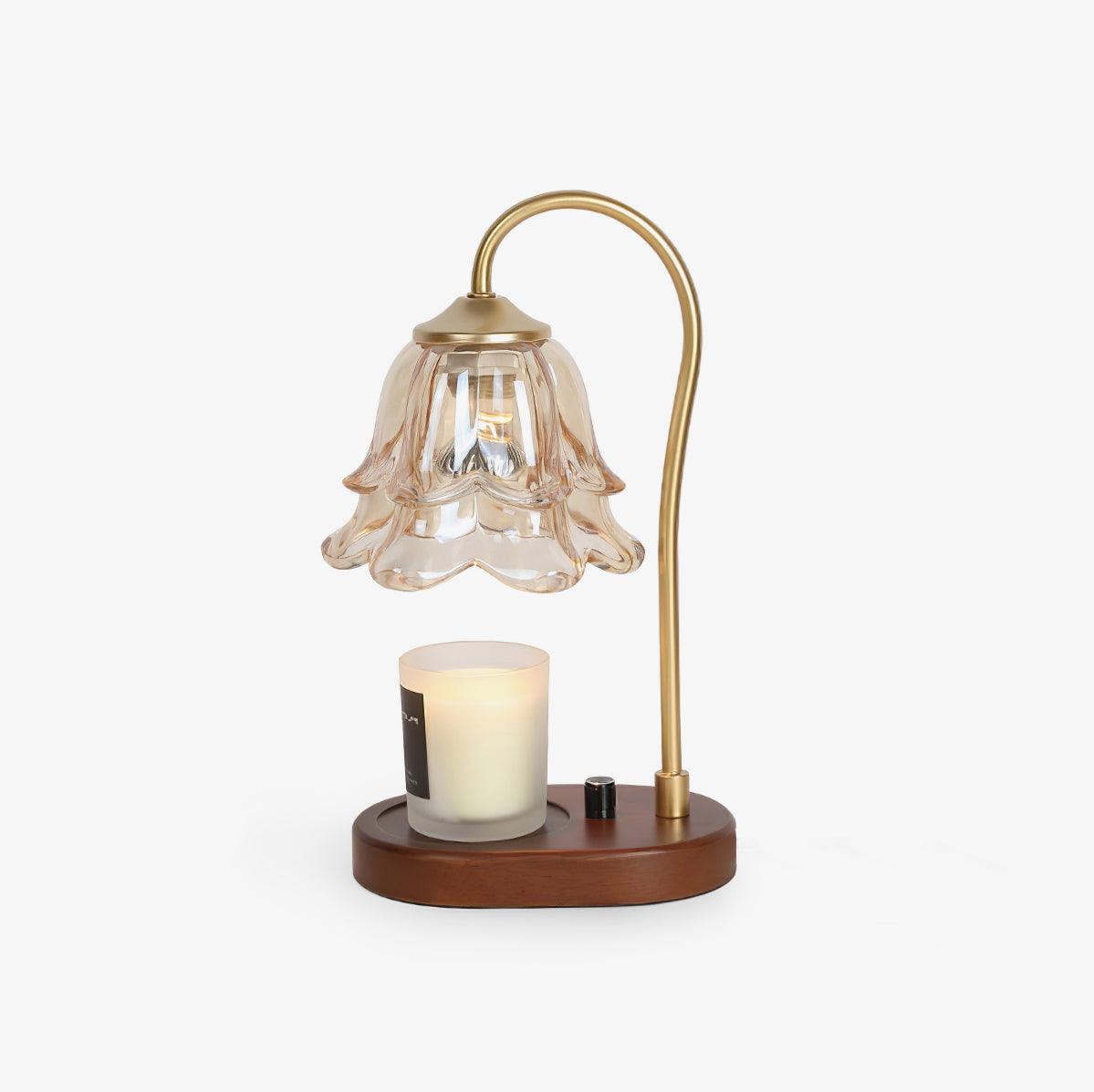 Romantic Amber Glass Candle Warmer Table Lamp with Walnut Wood Base for Home Decor