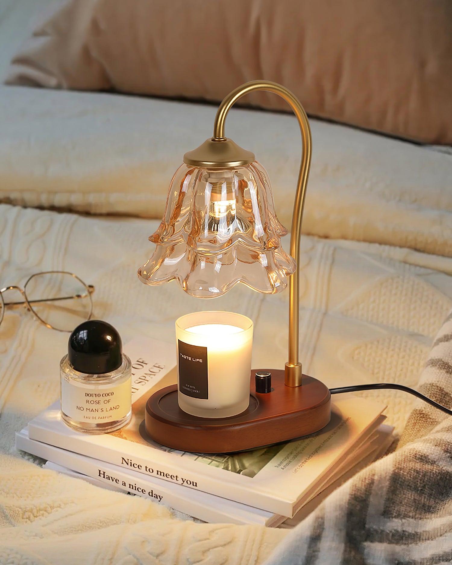 Romantic Amber Glass Candle Warmer Table Lamp with Walnut Wood Base for Home Decor