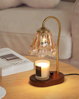 Romantic Amber Glass Candle Warmer Table Lamp with Walnut Wood Base for Home Decor
