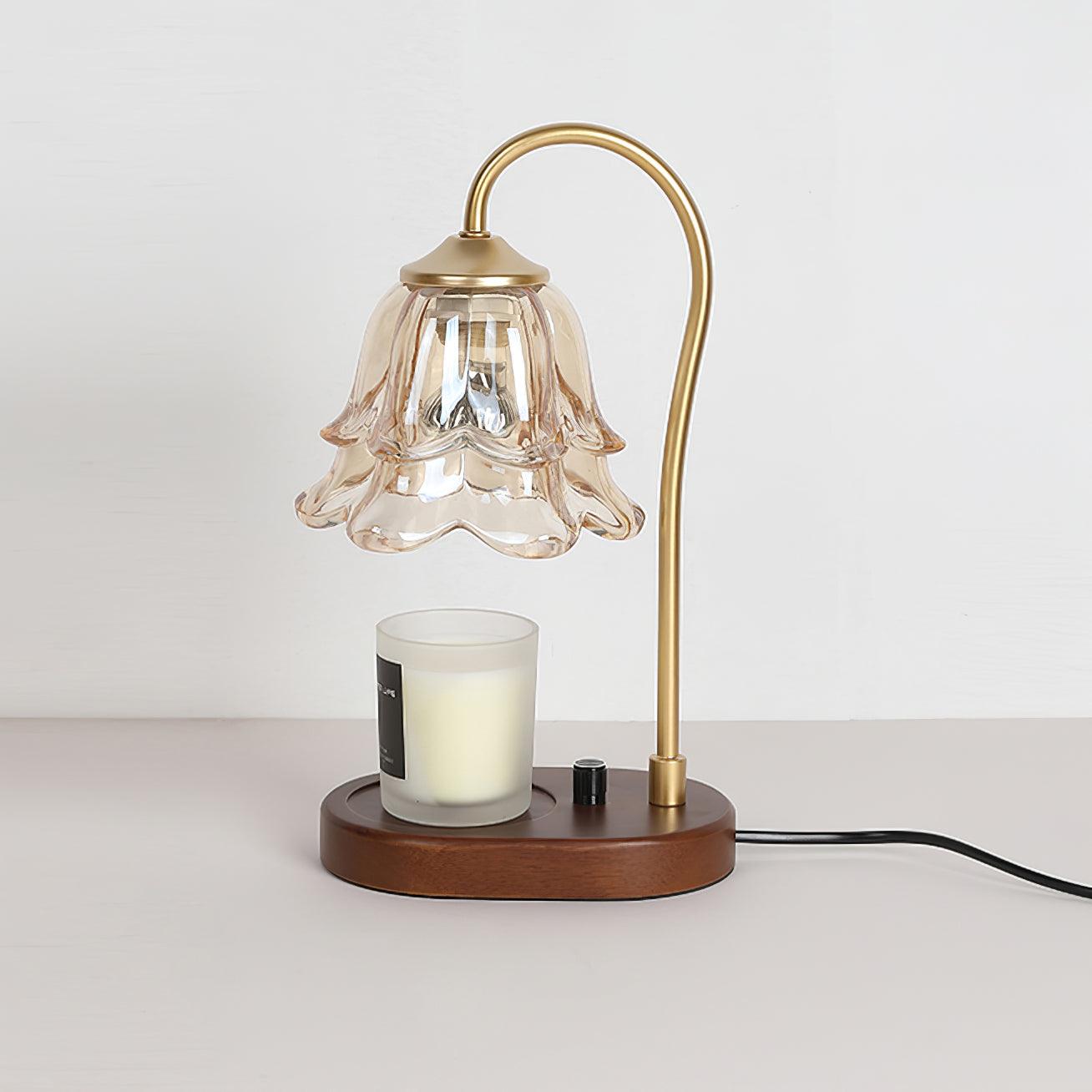 Romantic Amber Glass Candle Warmer Table Lamp with Walnut Wood Base for Home Decor