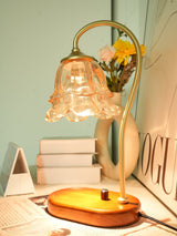 Romantic Amber Glass Candle Warmer Table Lamp with Walnut Wood Base for Home Decor