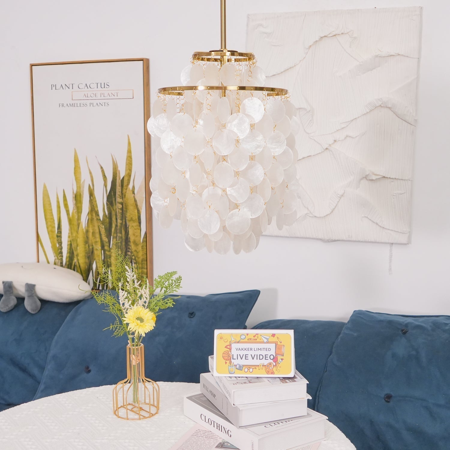Modern Round Shell Pendant Light Coastal Chandelier for Living Room and Bedroom