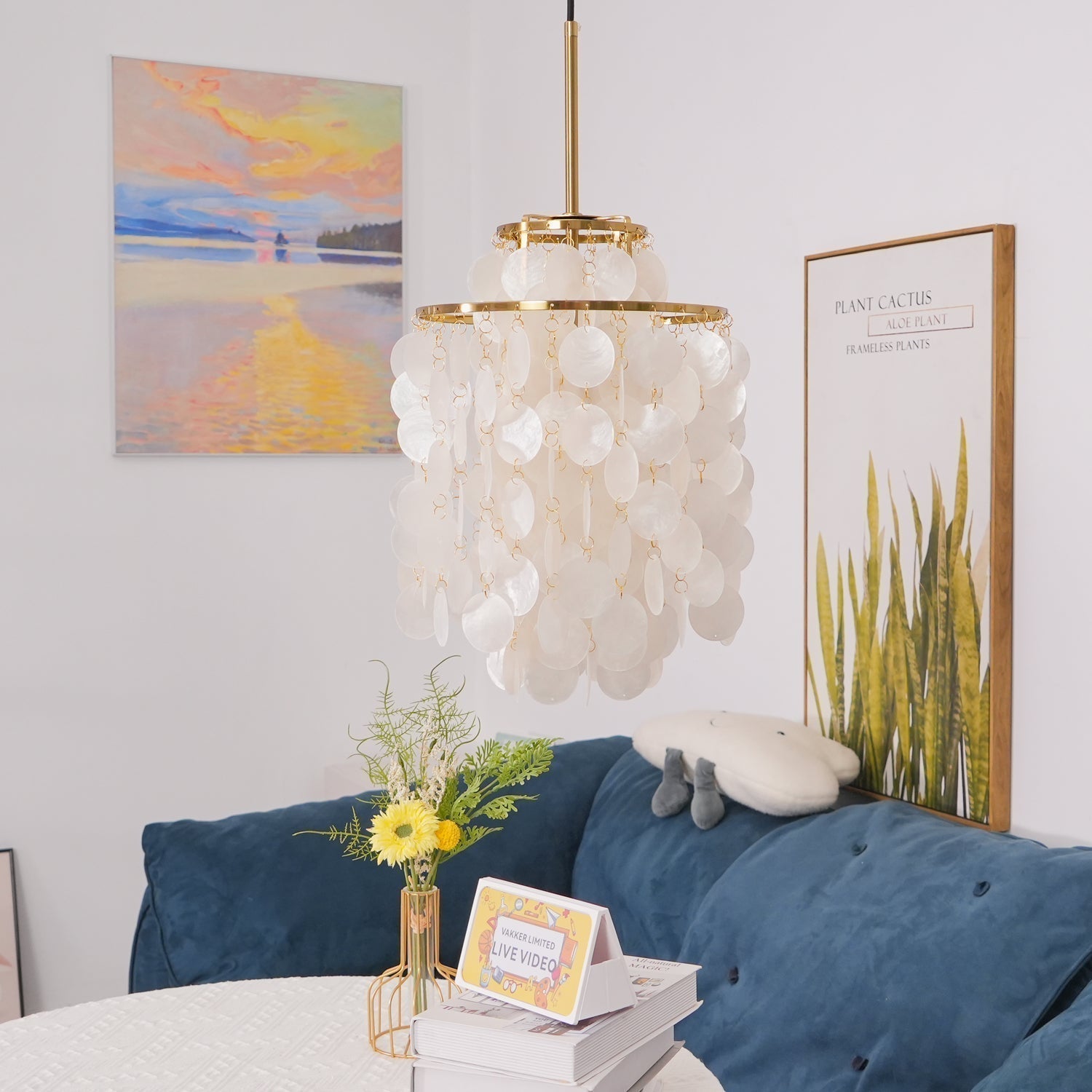Modern Round Shell Pendant Light Coastal Chandelier for Living Room and Bedroom