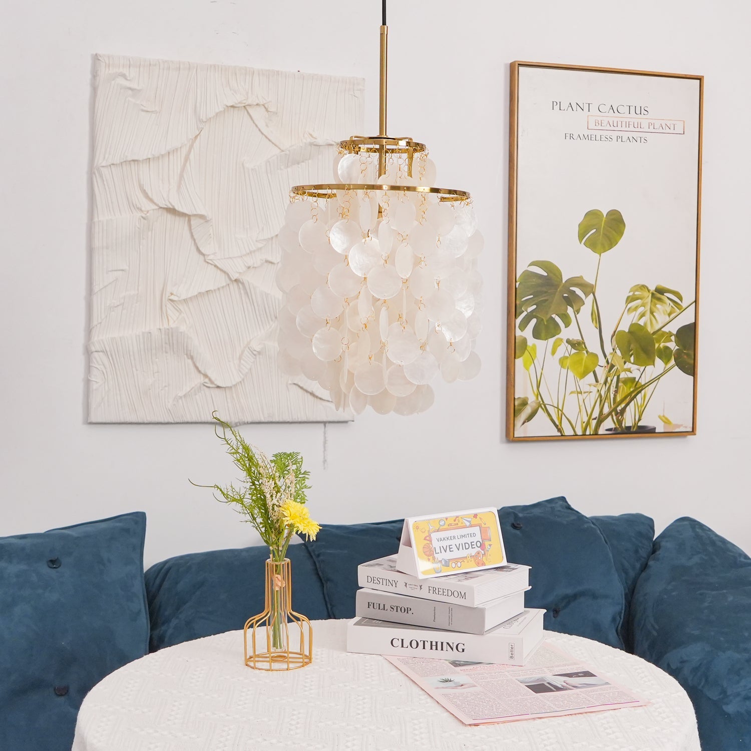 Modern Round Shell Pendant Light Coastal Chandelier for Living Room and Bedroom
