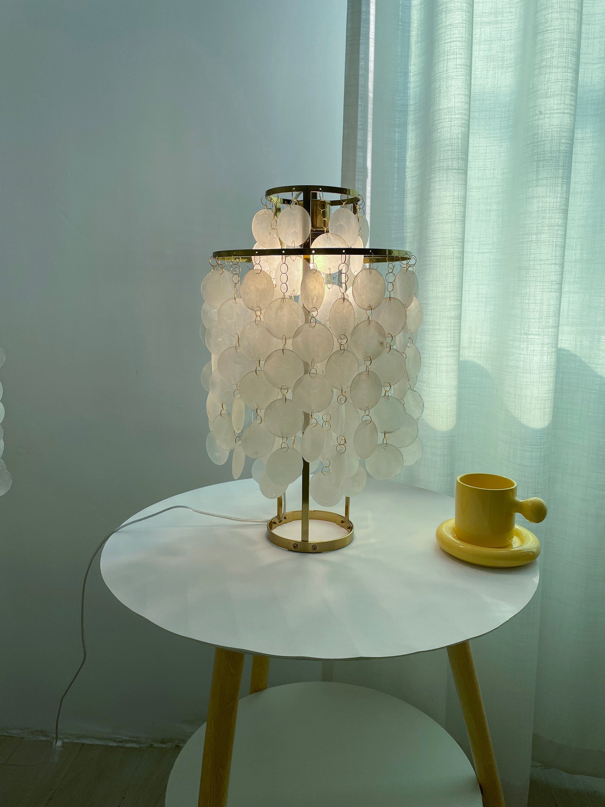 Natural Mother of Pearl Shell Table Lamp Round Coastal Bedside Light for Modern Interiors