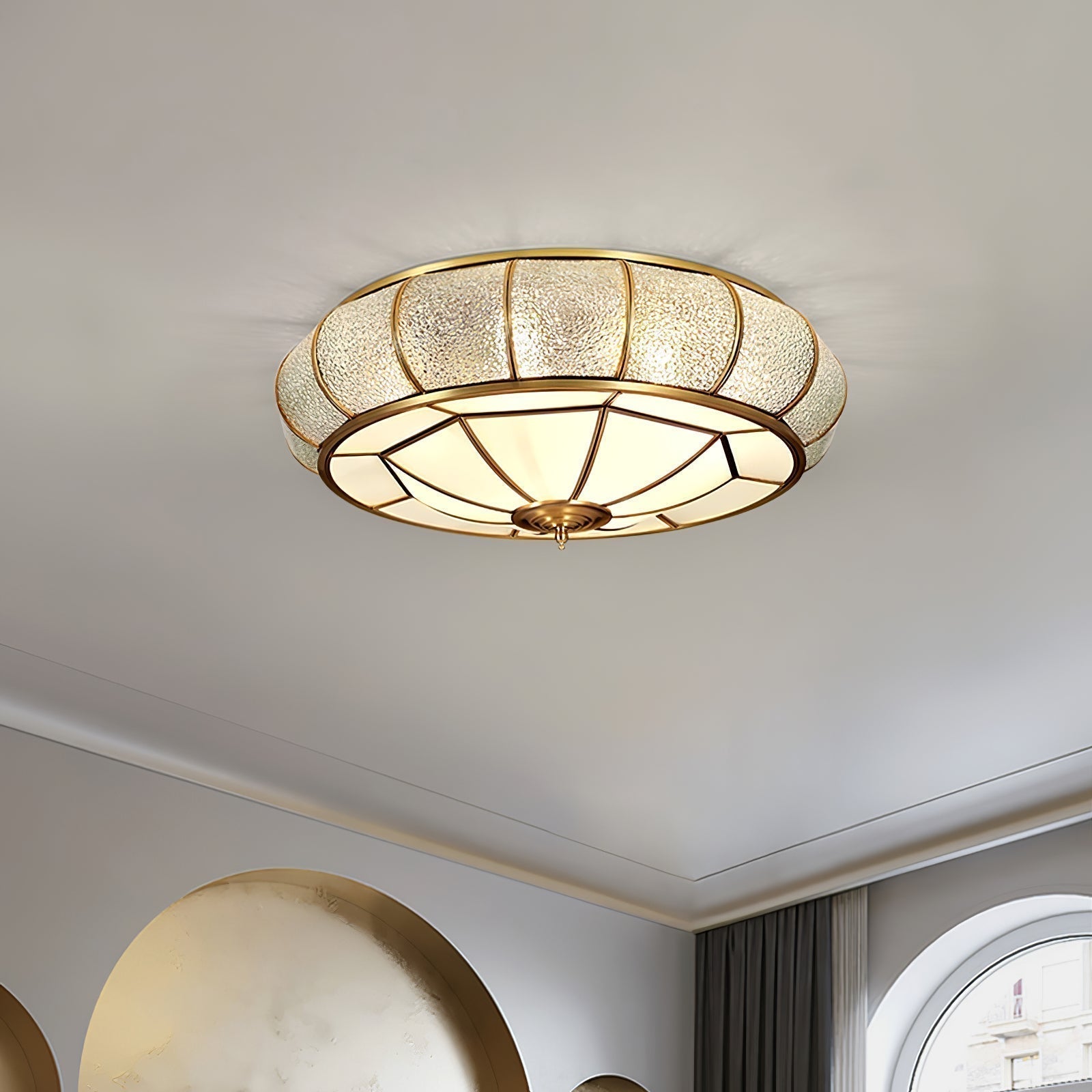 Modern Brass Flush Mount Ceiling Light with Textured Glass Shade for Indoor Spaces