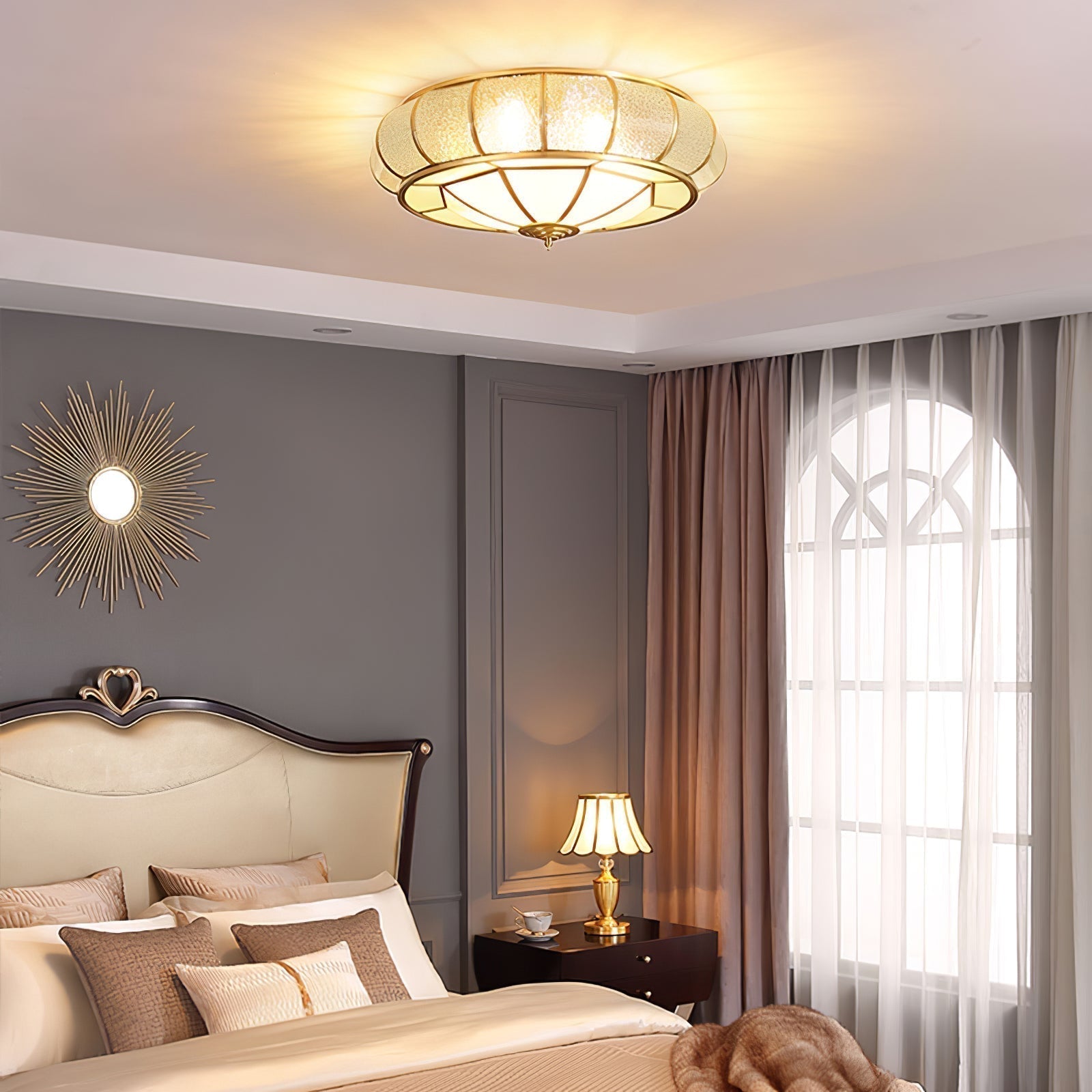 Modern Brass Flush Mount Ceiling Light with Textured Glass Shade for Indoor Spaces