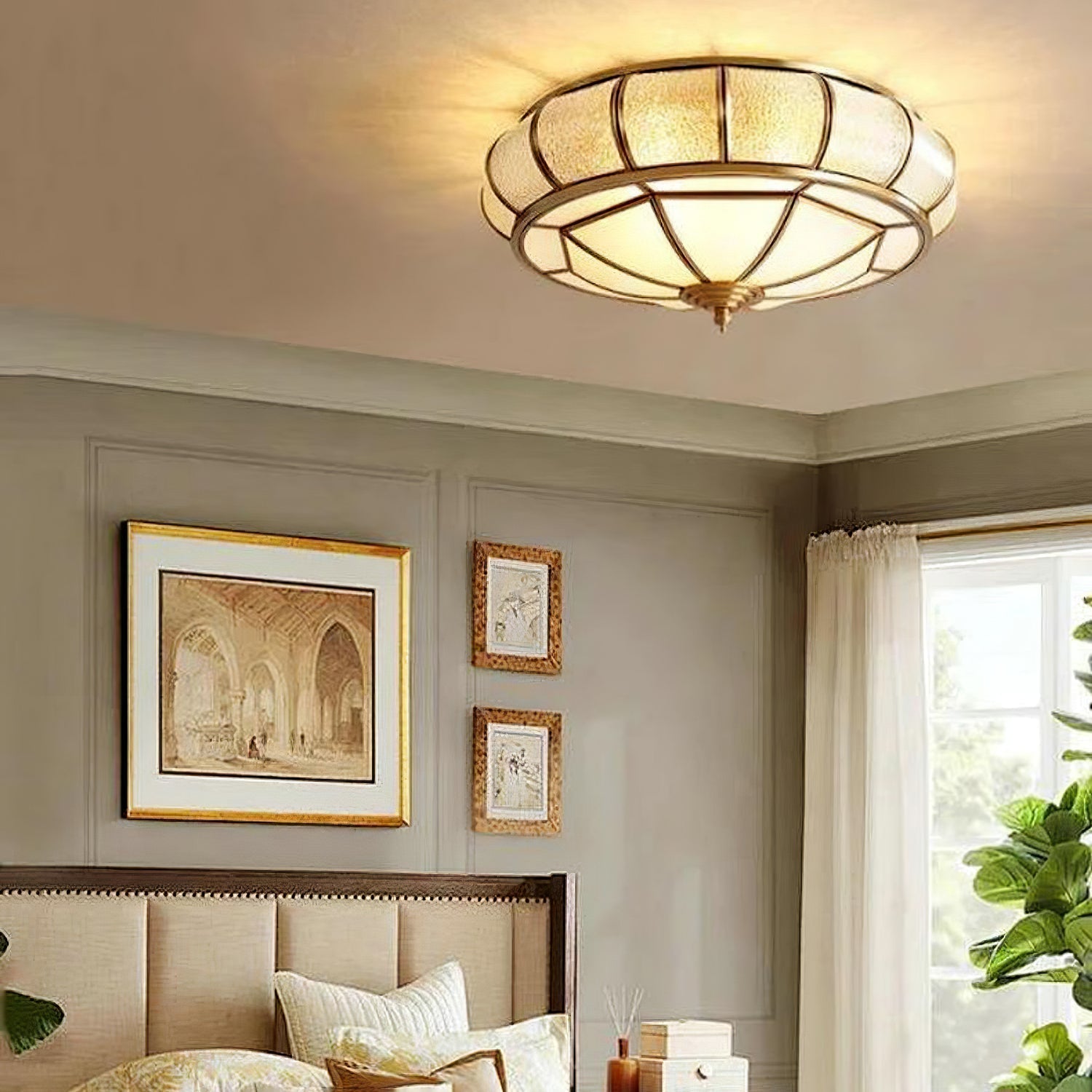 Modern Brass Flush Mount Ceiling Light with Textured Glass Shade for Indoor Spaces