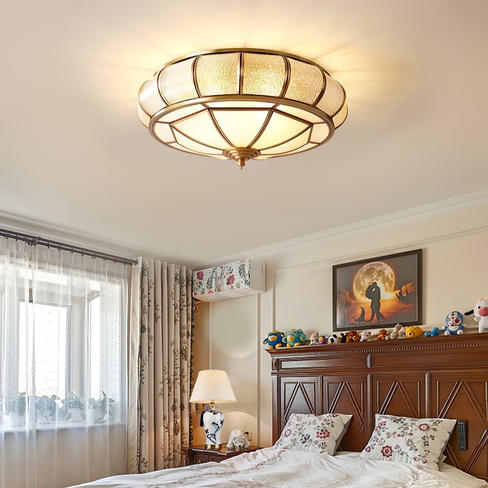 Modern Brass Flush Mount Ceiling Light with Textured Glass Shade for Indoor Spaces