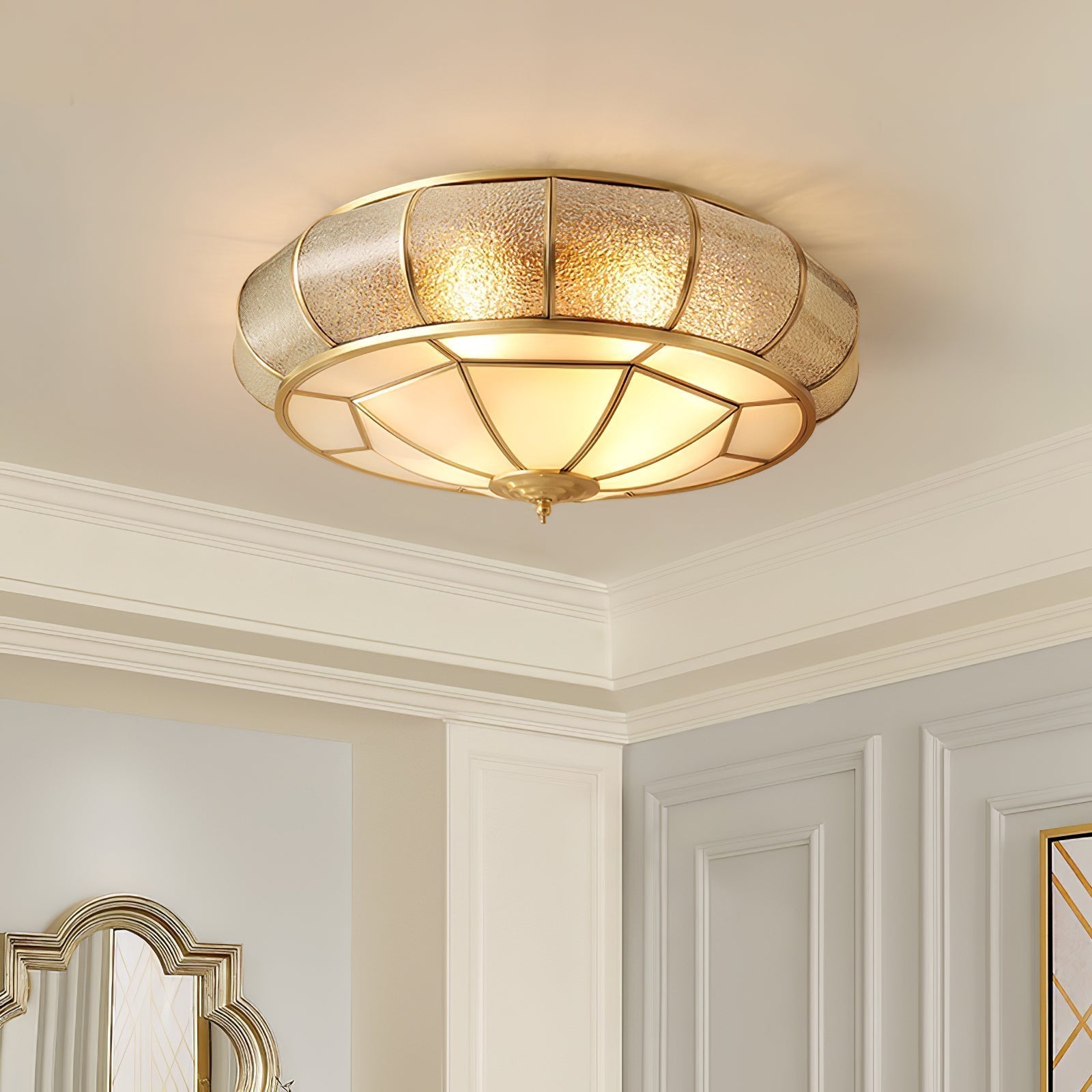 Modern Brass Flush Mount Ceiling Light with Textured Glass Shade for Indoor Spaces
