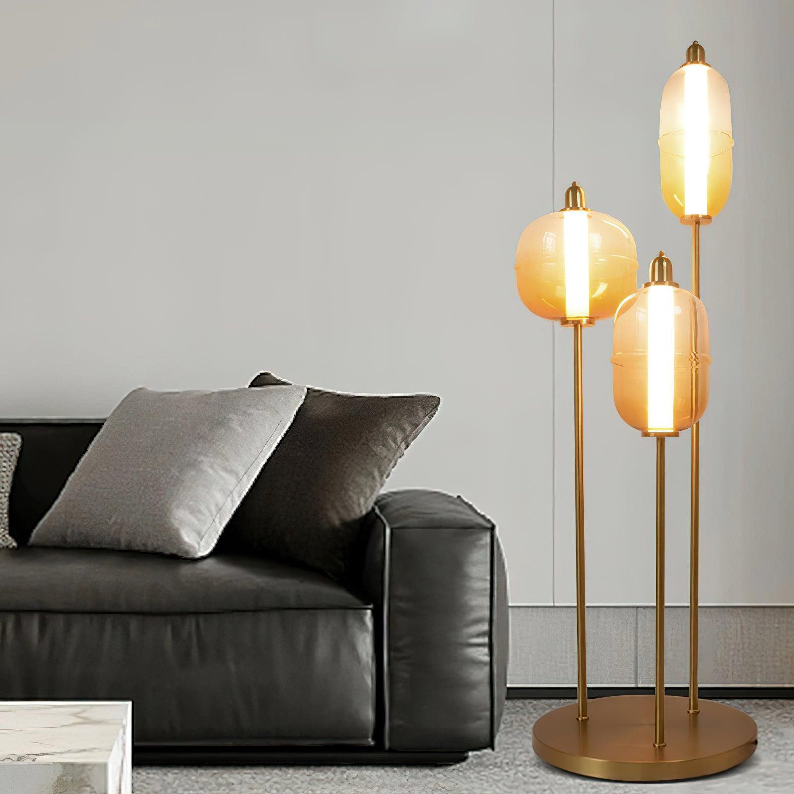 Modern Hand Blown Glass LED Floor Standing Lamp with Gold Metal Frame for Living Room Reading