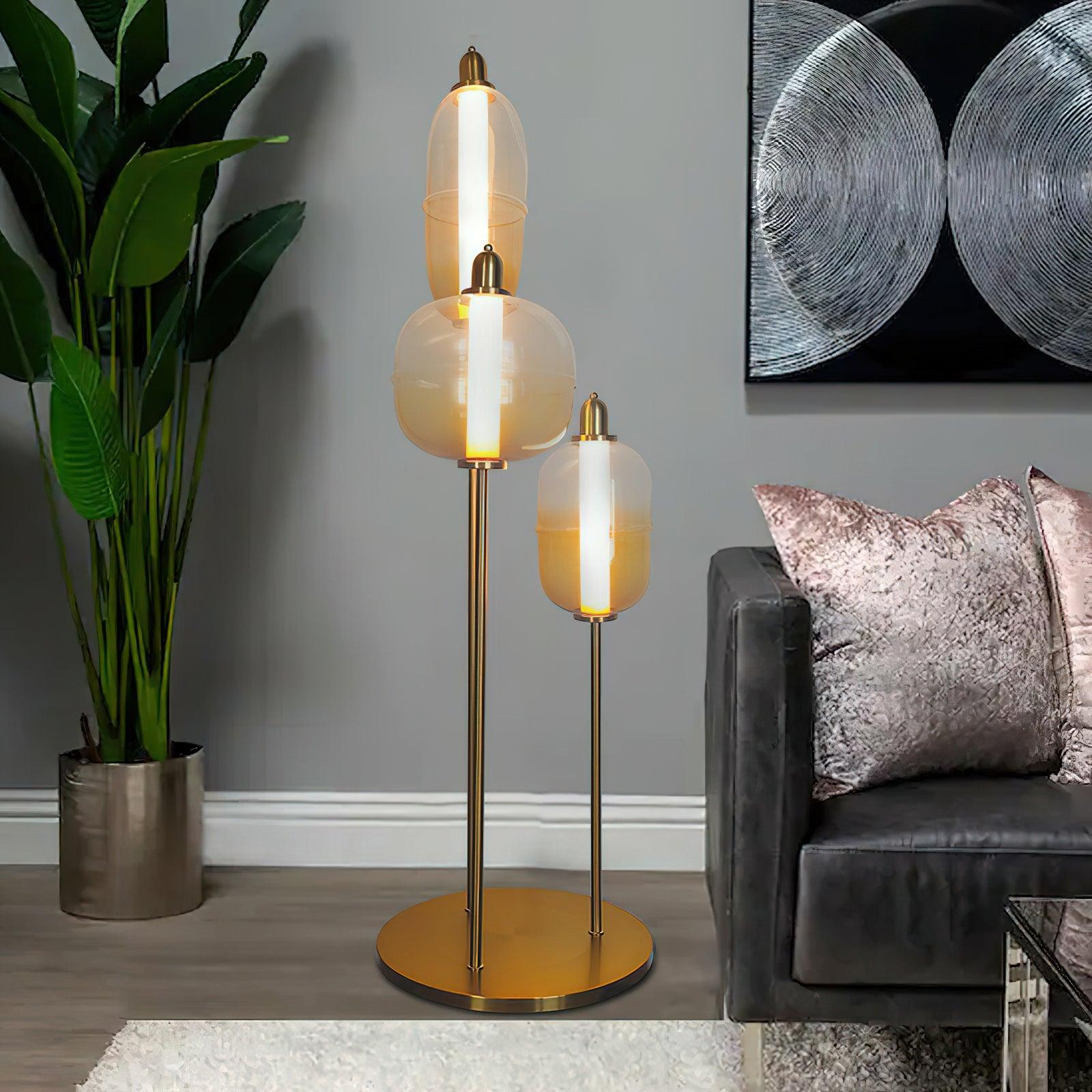 Modern Hand Blown Glass LED Floor Standing Lamp with Gold Metal Frame for Living Room Reading